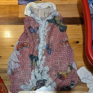 Johnny Was Cream and Red Butterflies  Floral Blouse